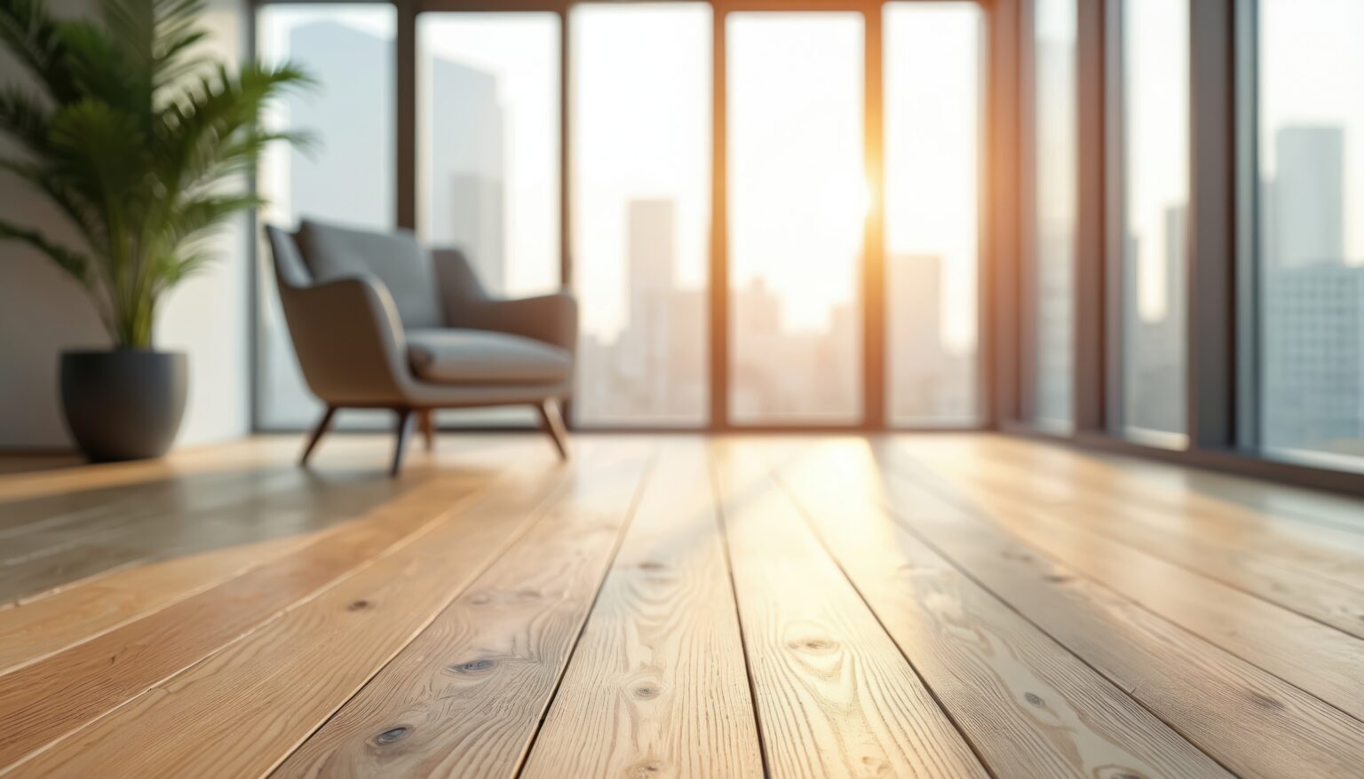 Sunlight across a wooden floor in a room with an armchair and a city view through tall windows