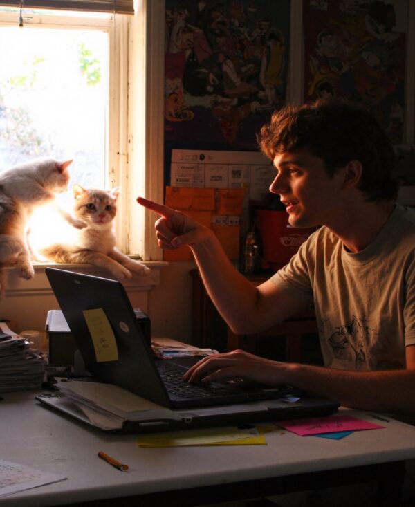 A young man at a laptop in a cluttered room, laughing and pointing at two cats sitting on the windowsill