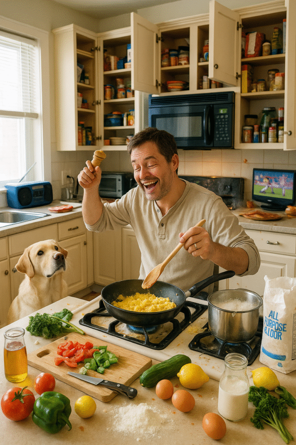 A man laughing as he cooks breakfast in a busy kitchen with his dog watching and the television on