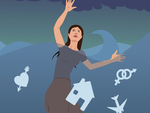 Illustration of a woman reaching upward as a storm and a wave close in behind her, with symbols for home, relationships and travel falling around her